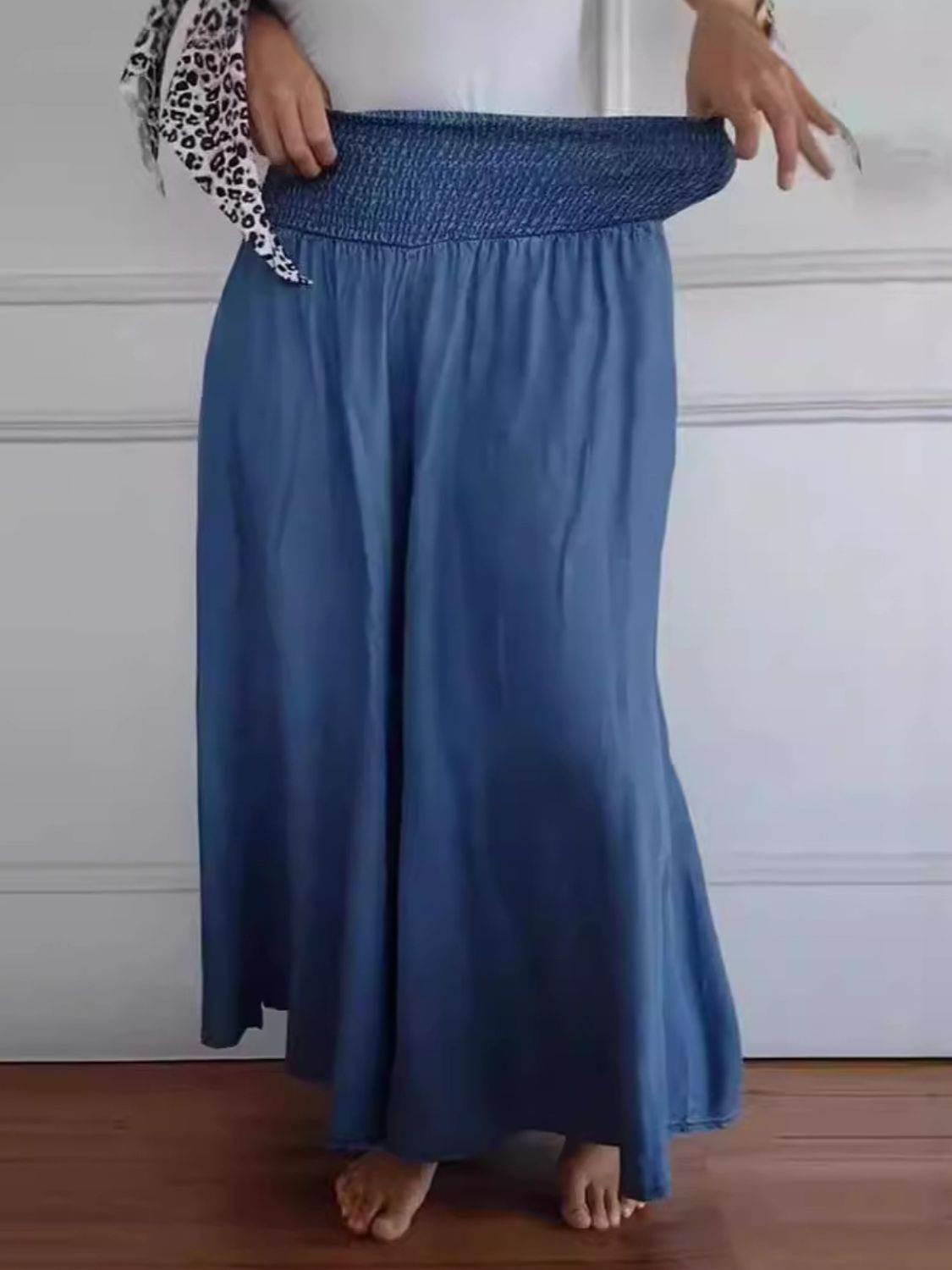 Full Size Smocked Wide Leg Pants with Pockets - Delanoir