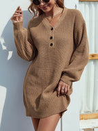 V-Neck Dropped Shoulder Mini Sweater Dress - Delanoir