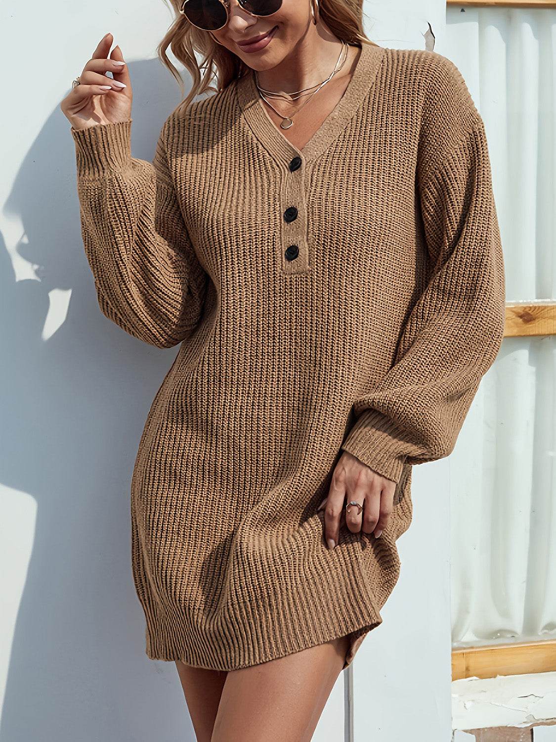 V-Neck Dropped Shoulder Mini Sweater Dress - Delanoir