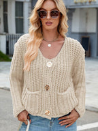 Round Neck Button Up Cardigan with Pockets - Delanoir