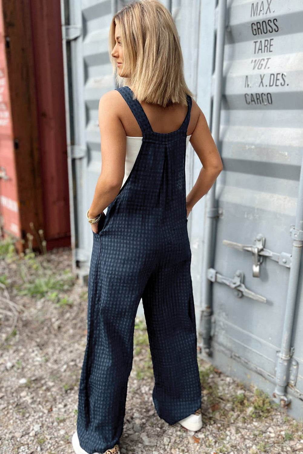 Plaid Wide Strap Wide Leg Overalls - Delanoir
