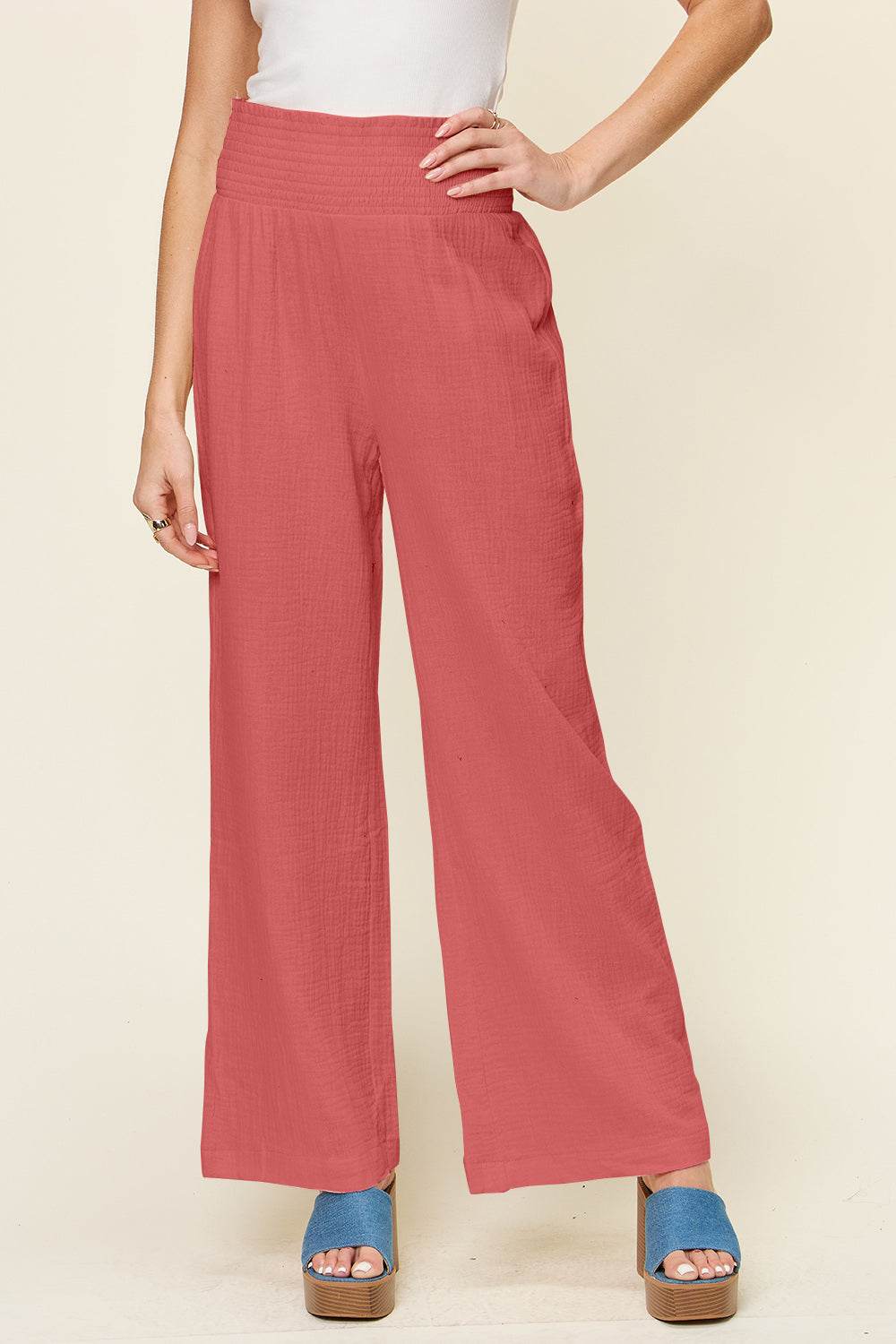 Double Take Full Size Texture Smocked Waist Wide Leg Pants - Delanoir