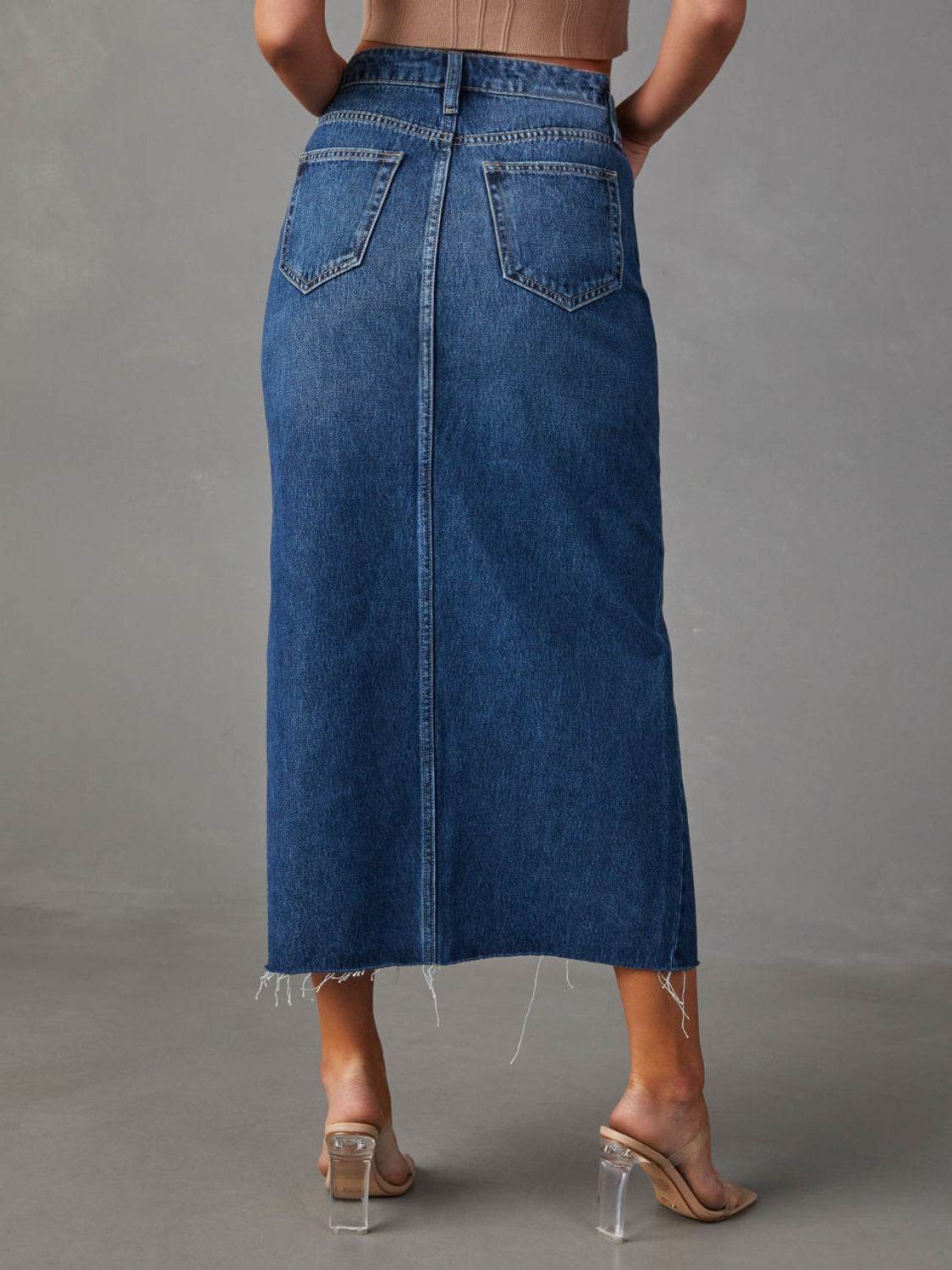 Slit Raw Hem Midi Denim Skirt - Delanoir