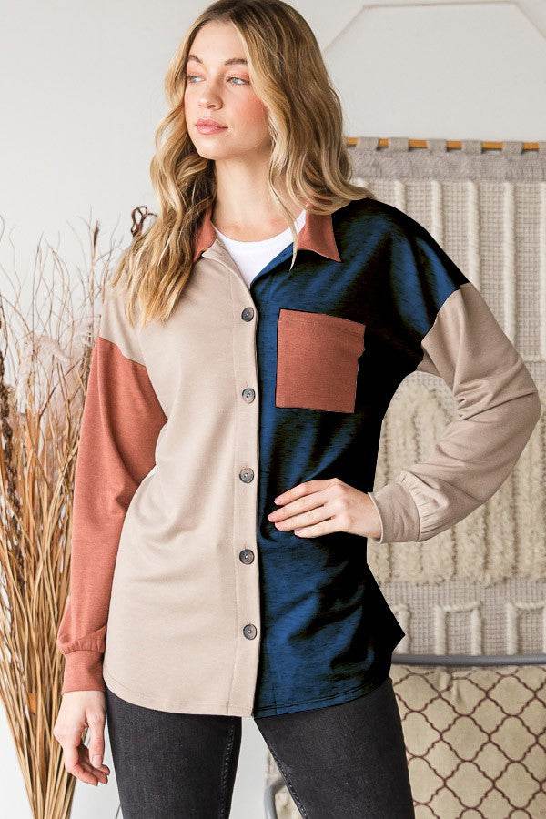 Heimish Full Size Color Block Button Down Shirt - Delanoir