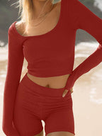Scoop Neck Long Sleeve Top and Shorts Set - Delanoir