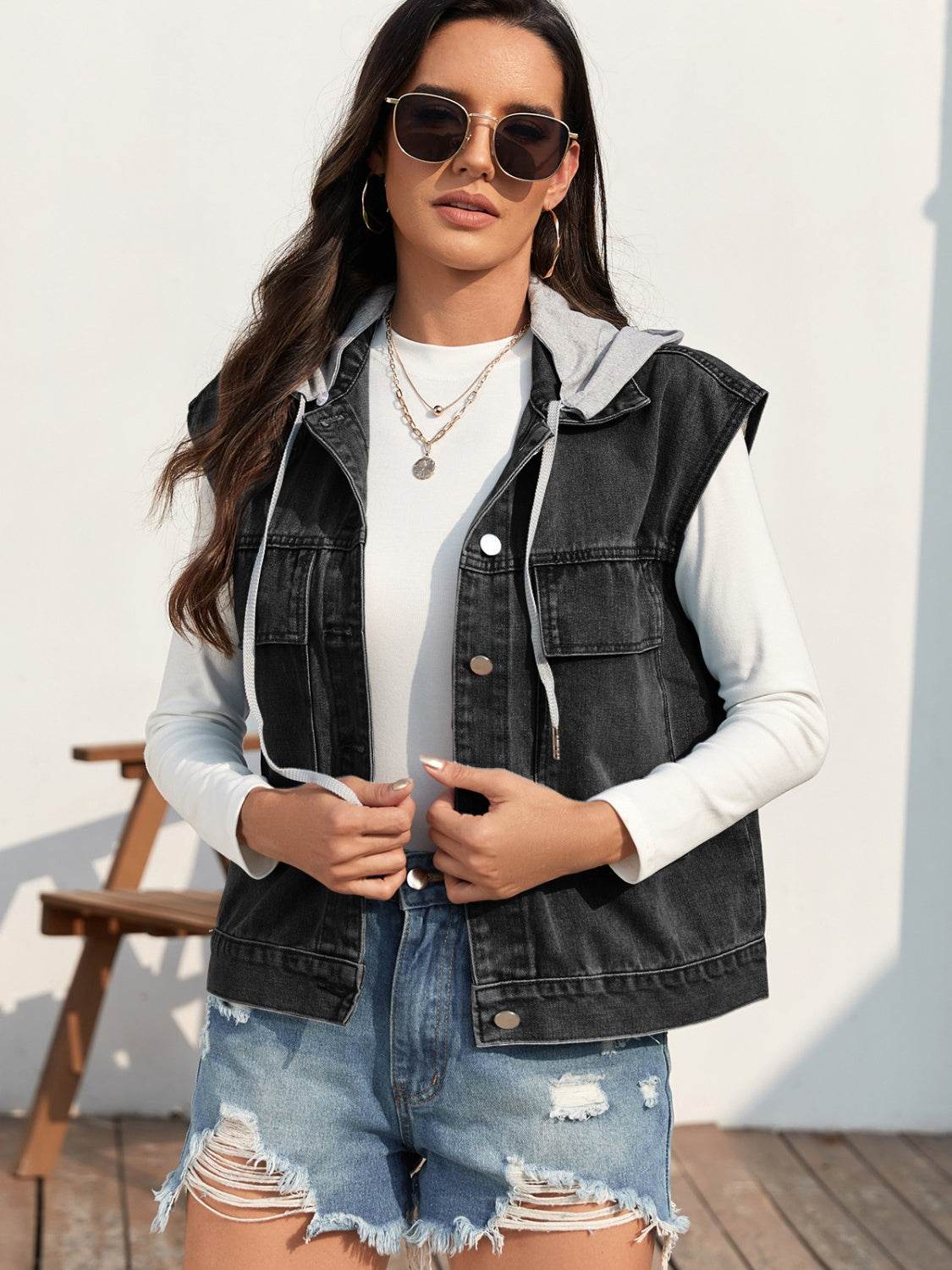 Drawstring Button Up Sleeveless Denim Jacket - Delanoir