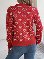 Heart Pattern V-Neck Long Sleeve Sweater - Delanoir
