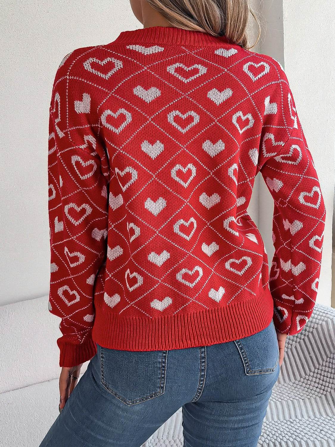 Heart Pattern V-Neck Long Sleeve Sweater - Delanoir