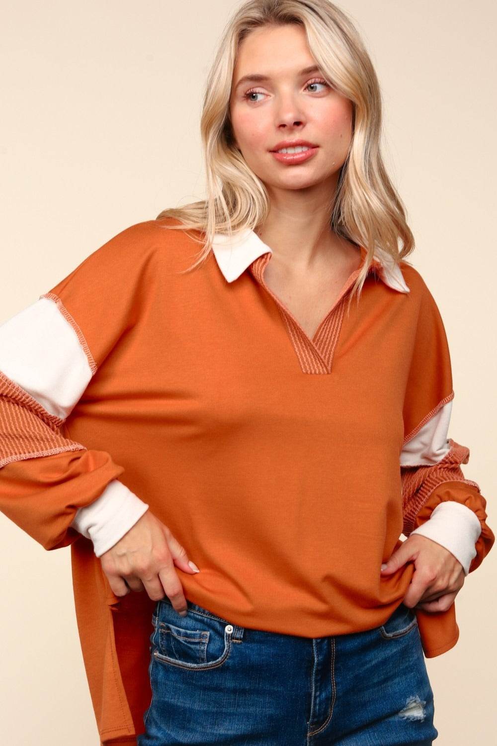 Haptics Color Block Exposed Seam Long Sleeve Top - Delanoir