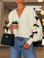 Bow V-Neck Cutout Sleeve Cardigan - Delanoir