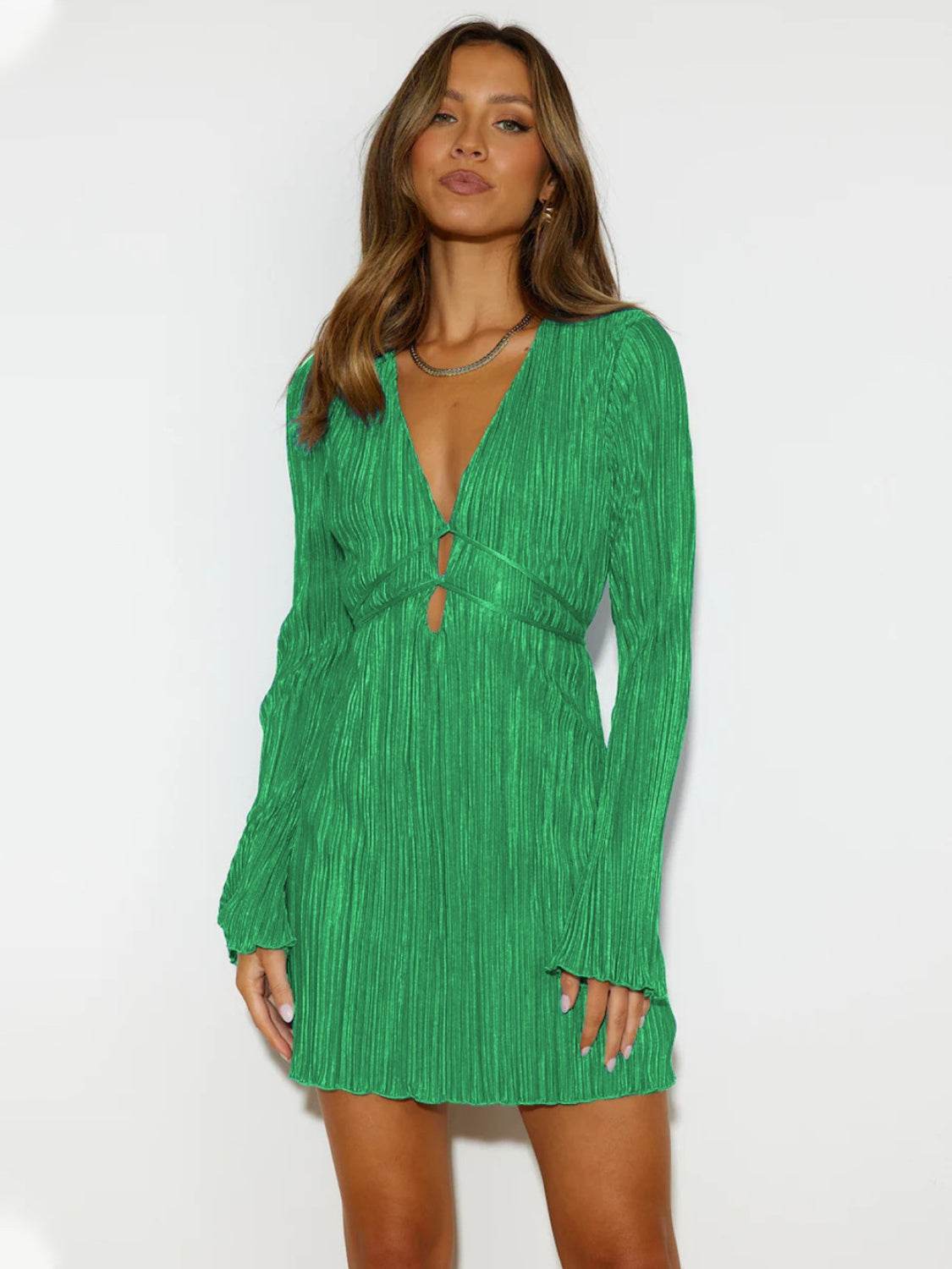 Tied Plunge Flare Sleeve Mini Dress - Delanoir