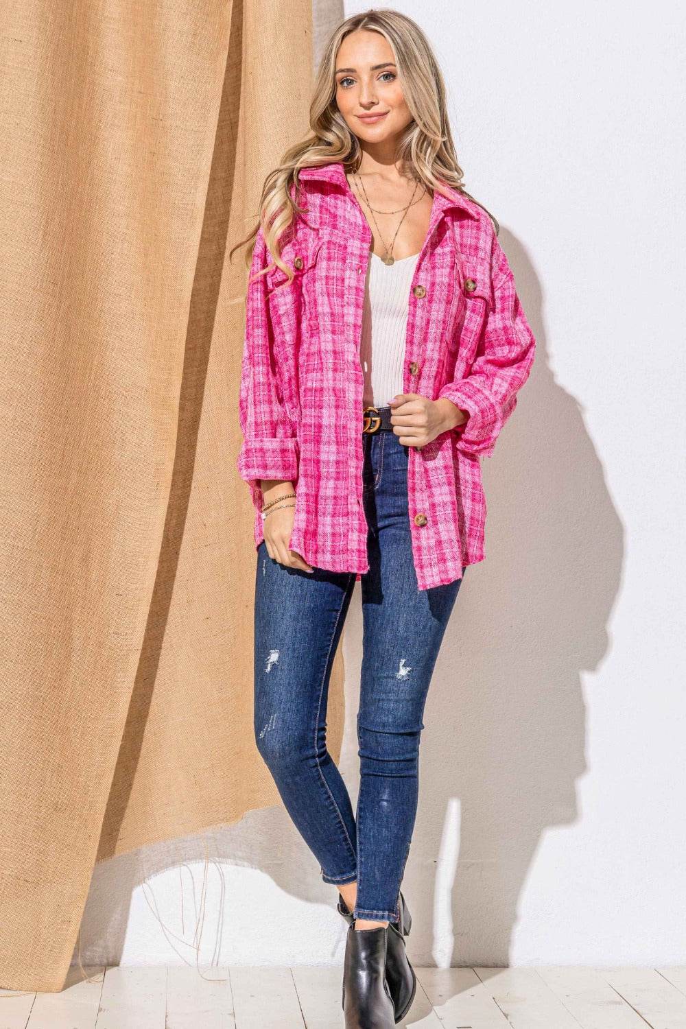 And The Why Full Size Tweed Button Down Long Sleeve Shacket - Delanoir