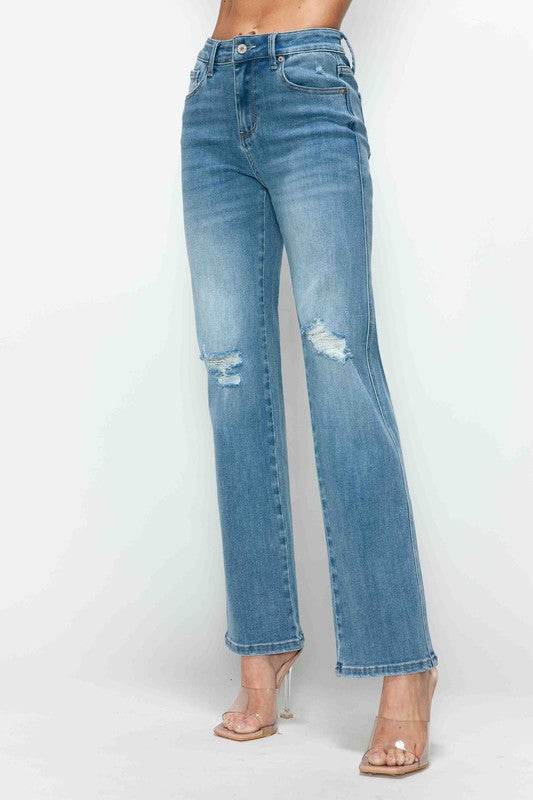 bytos Full Size Distressed High Rise Straight Jeans - Delanoir