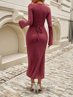 Devine Tied V-Neck Long Sleeve Sweater Dress - Delanoir