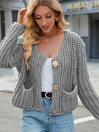 Round Neck Button Up Cardigan with Pockets - Delanoir