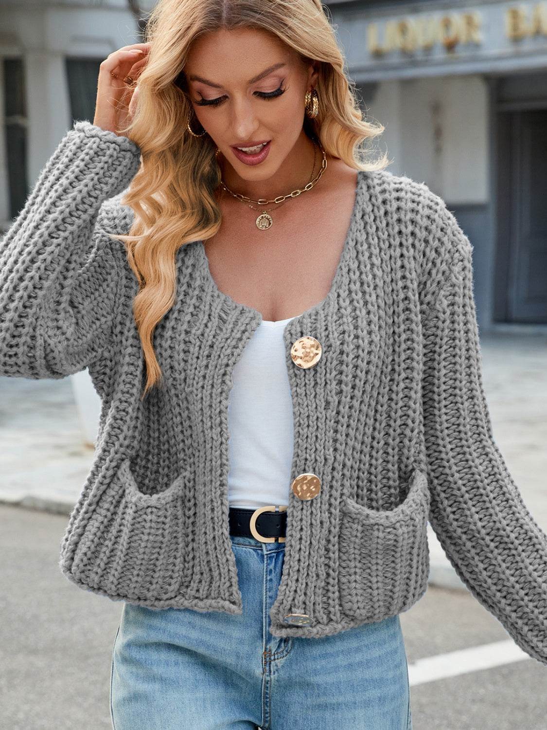 Round Neck Button Up Cardigan with Pockets - Delanoir