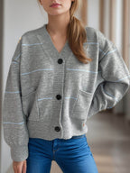 Striped Button Down V-Neck Long Sleeve Cardigan - Delanoir