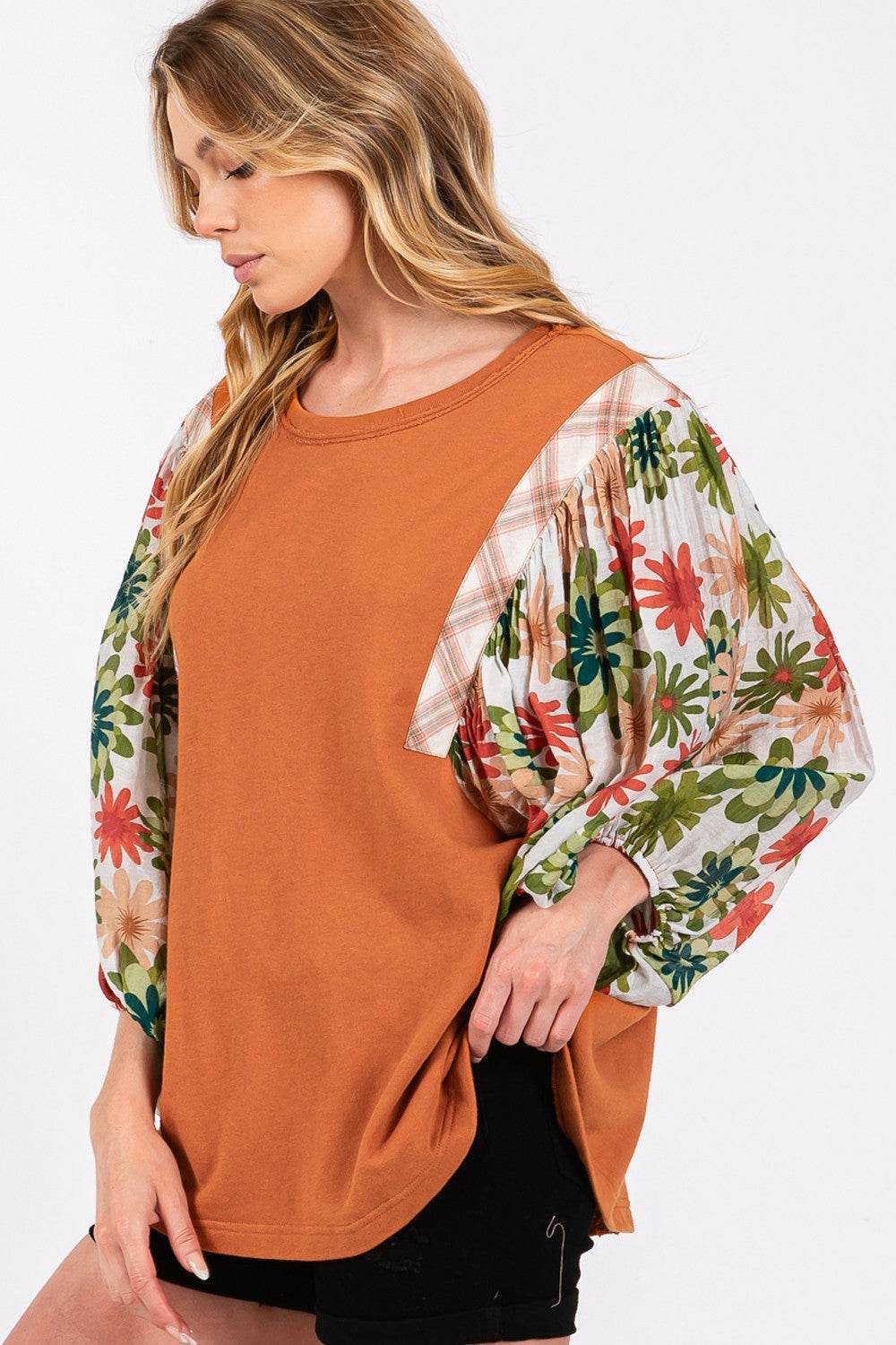 SAGE + FIG Full Size Printed Balloon Sleeve Contrast Top - Delanoir