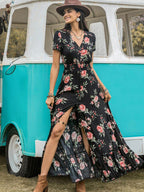 Split Printed V-Neck Short Sleeve Dress - Delanoir