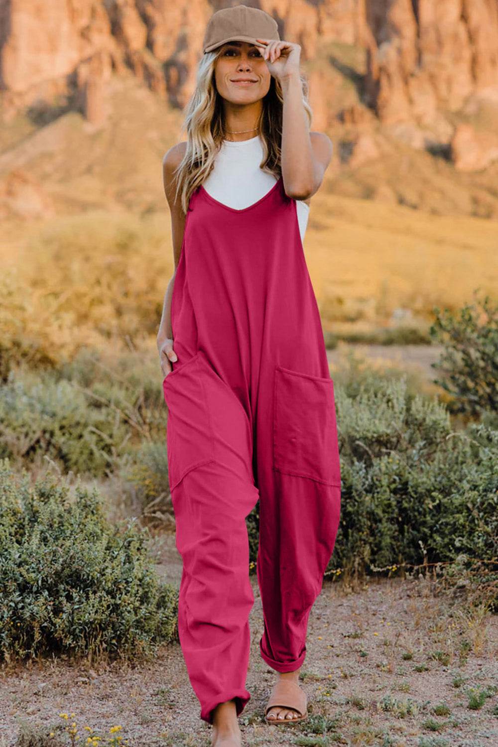 Double Take Full Size V-Neck Sleeveless Jumpsuit with Pockets - Delanoir