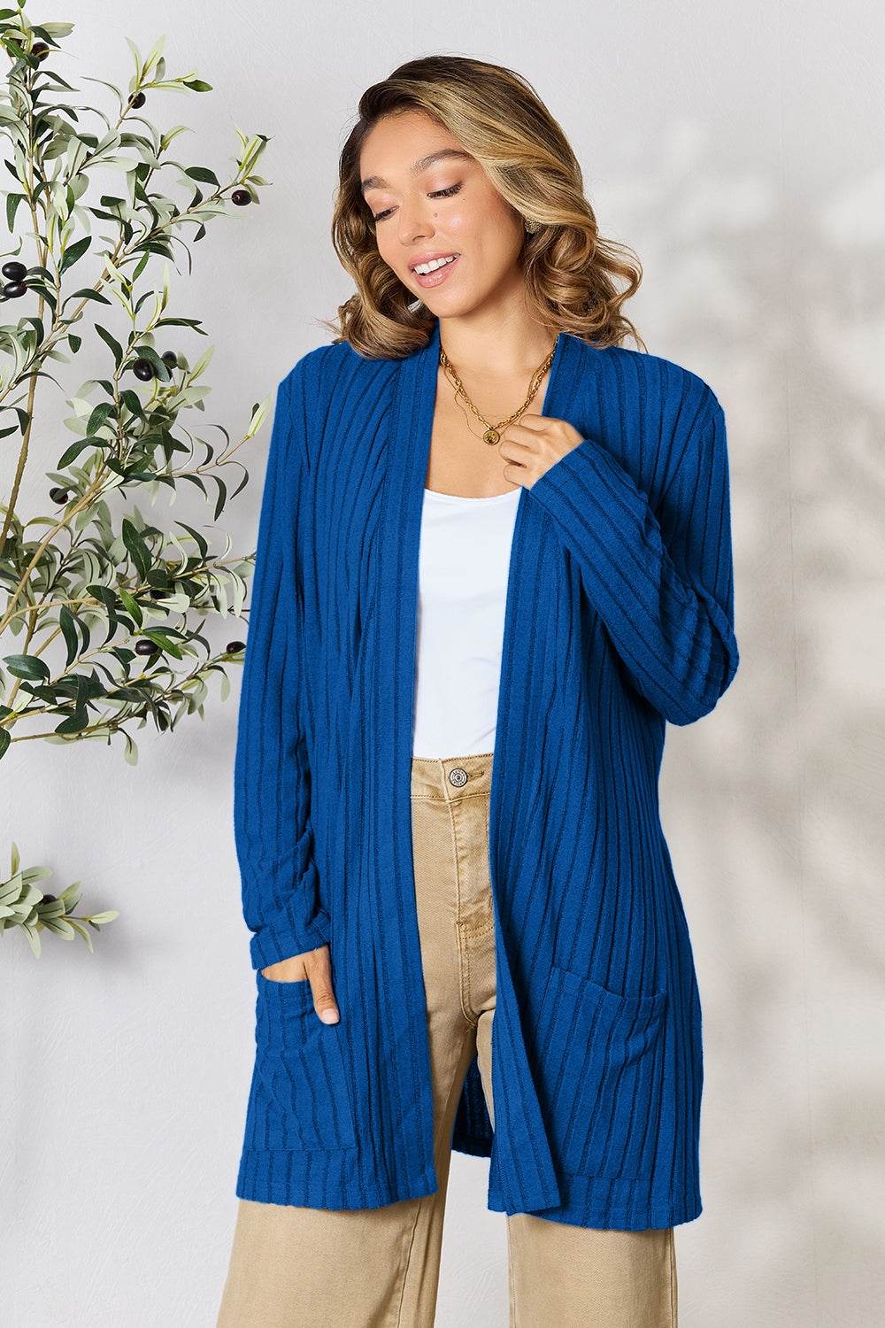 Basic Bae Full Size Ribbed Open Front Cardigan with Pockets - Delanoir
