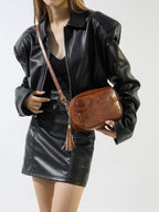 Tassel PU Leather Printed Strap Cassette Crossbody Bag - Delanoir