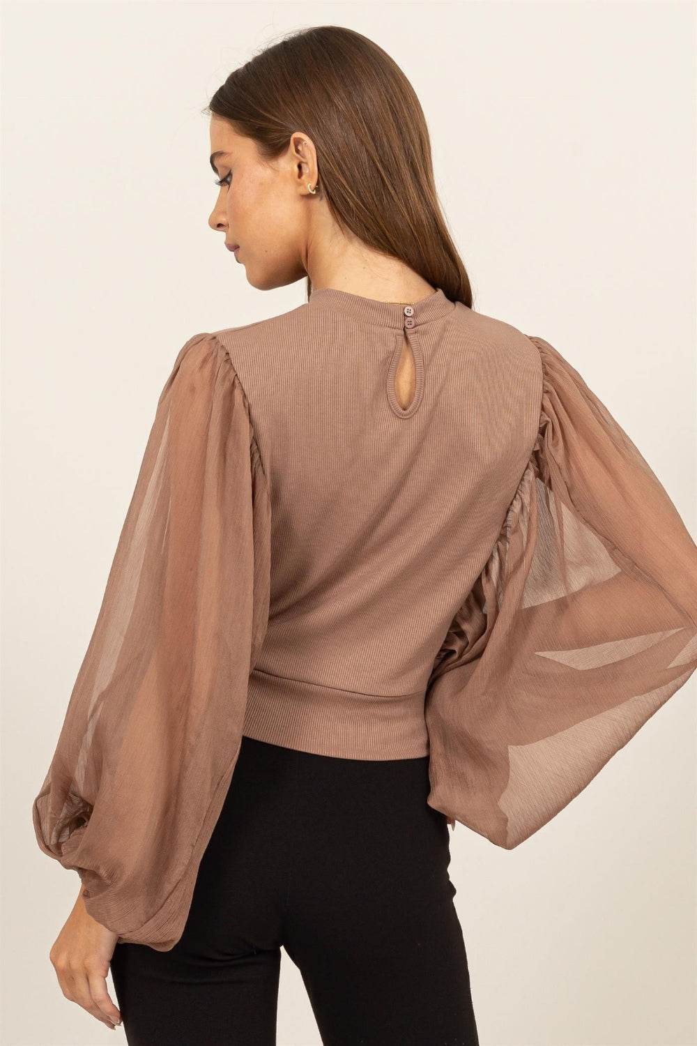 HYFVE Ruched Sheer Long Sleeve Mock Neck Blouse - Delanoir