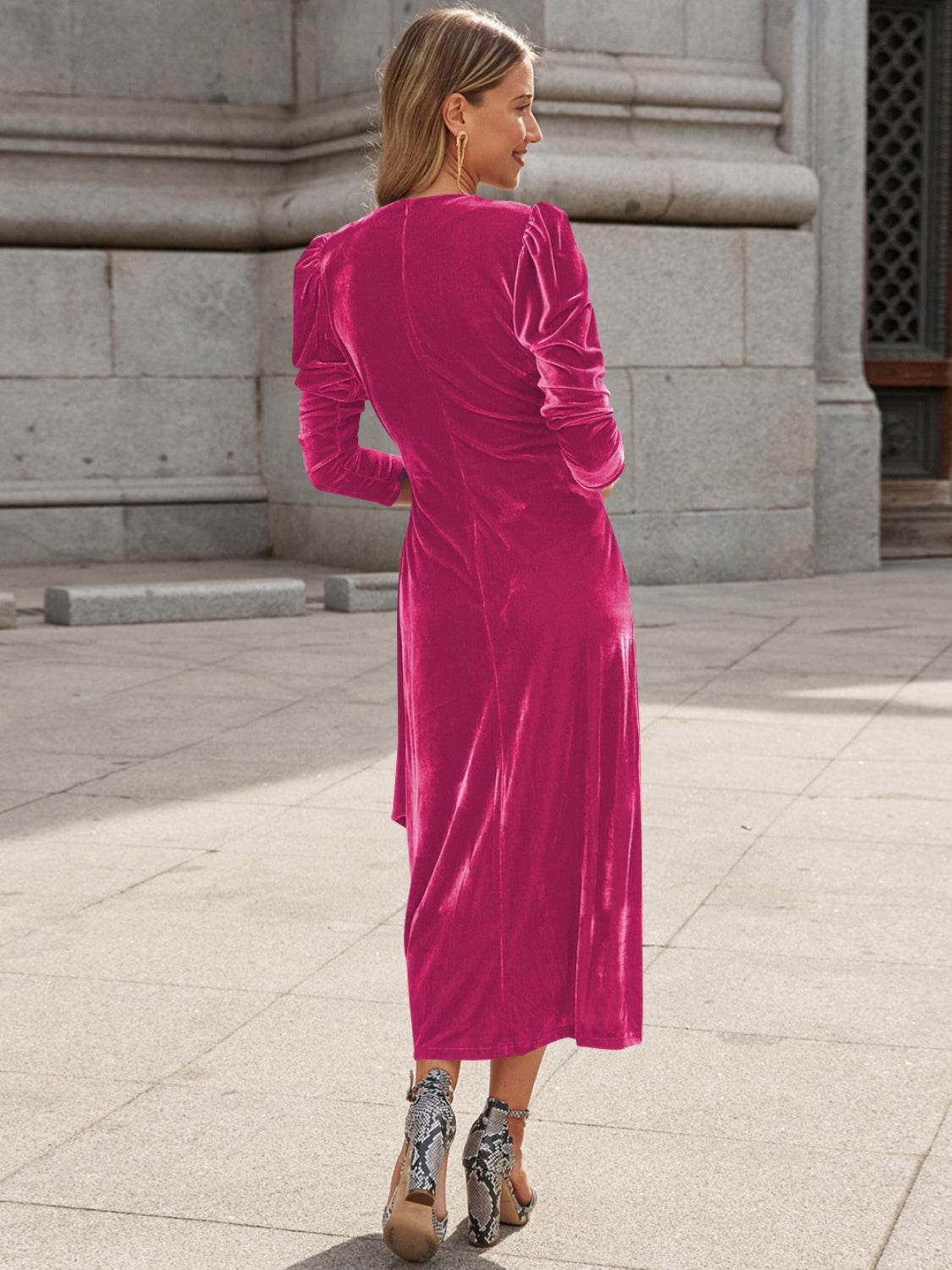 Surplice Puff Sleeve Midi Dress - Delanoir