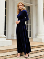 Tie Front Round Neck Long Sleeve Maxi Dress - Delanoir