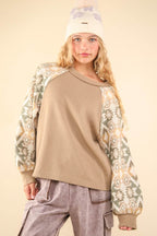 VERY J Printed Long Sleeve Round Neck Knit Top - Delanoir