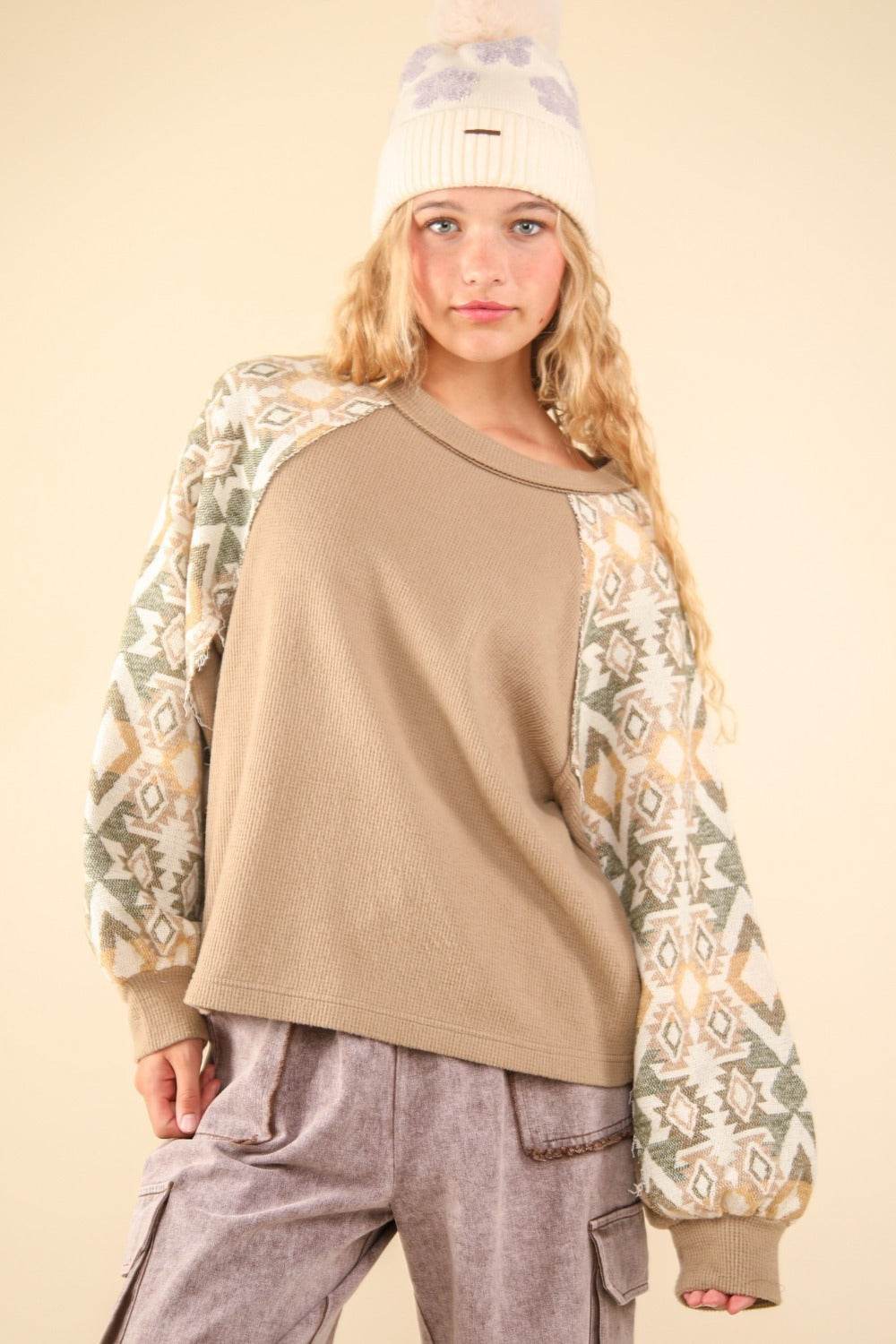 VERY J Printed Long Sleeve Round Neck Knit Top - Delanoir