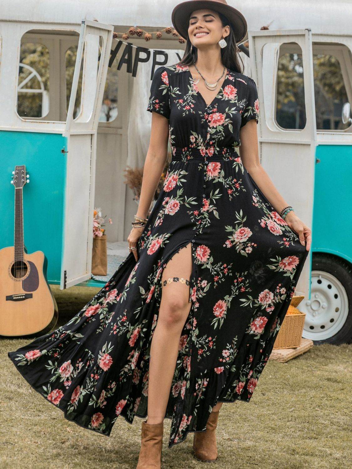 Split Printed V-Neck Short Sleeve Dress - Delanoir