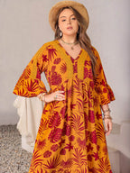 Plus Size Lace Detail Printed V-Neck Maxi Dress - Delanoir
