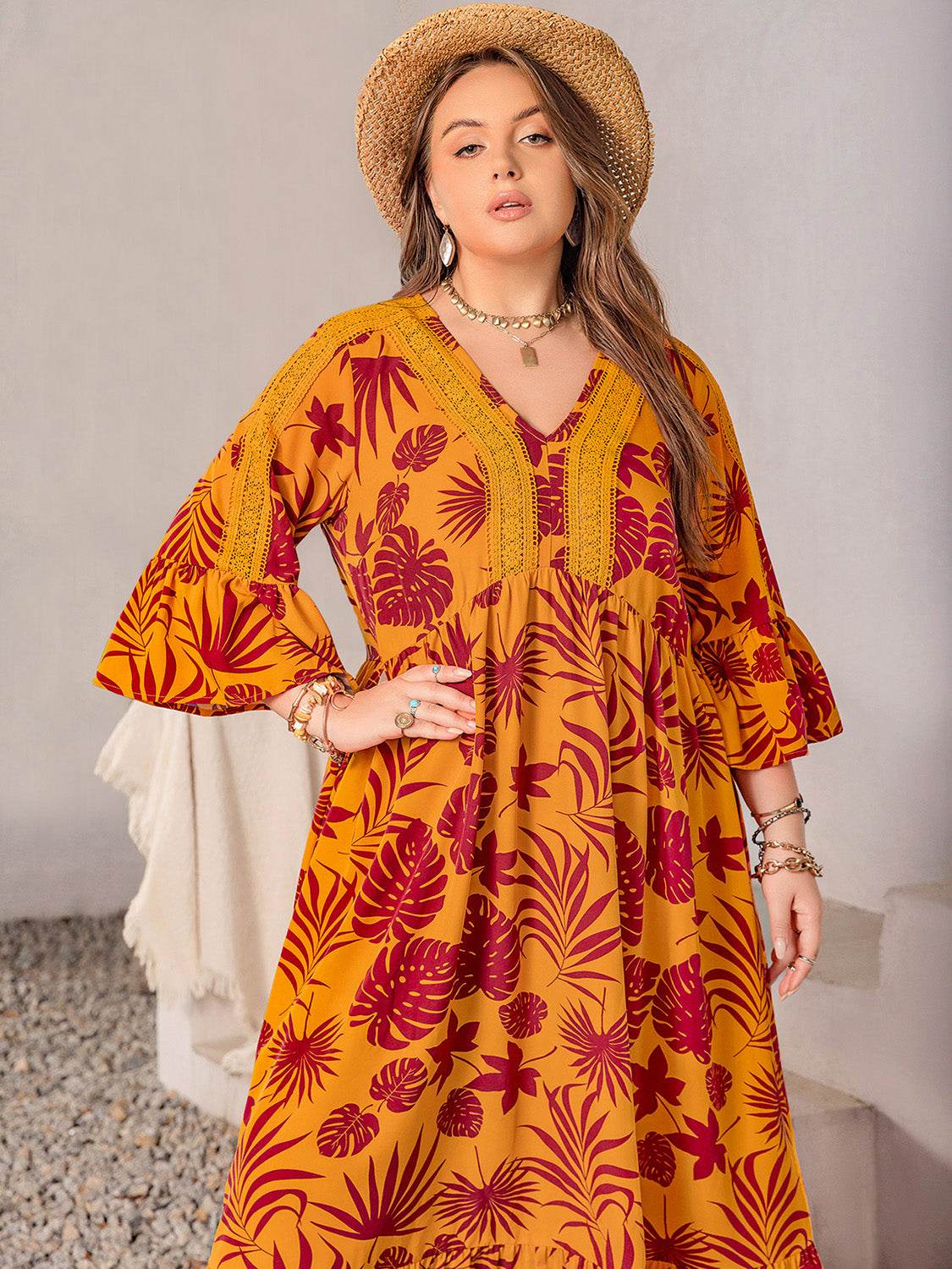 Plus Size Lace Detail Printed V-Neck Maxi Dress - Delanoir