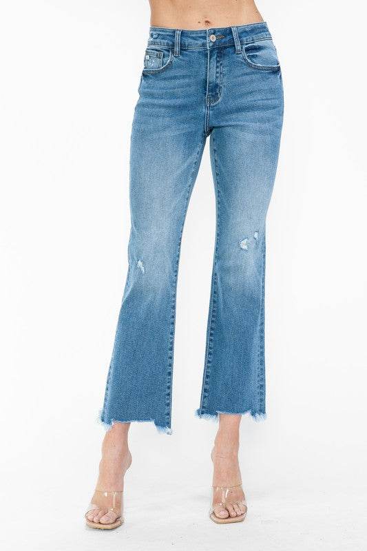 bytos Raw Hem Distressed Mid Rise Crop Jeans - Delanoir