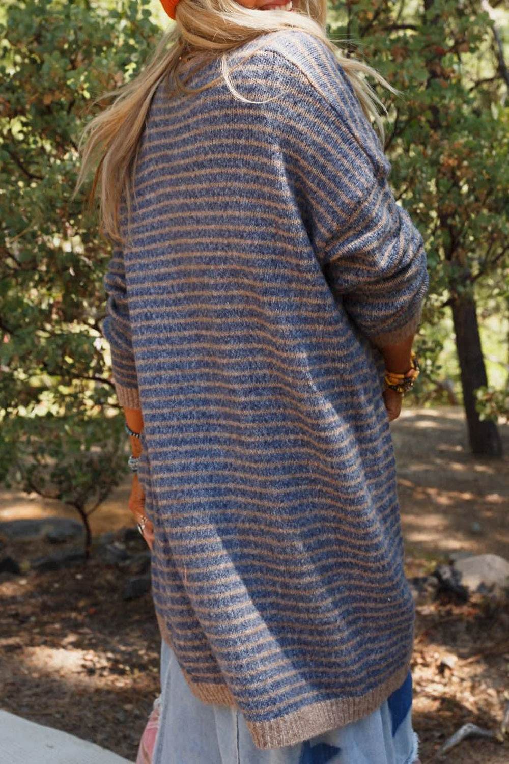 Open Front Long Sleeve Striped Cardigan - Delanoir