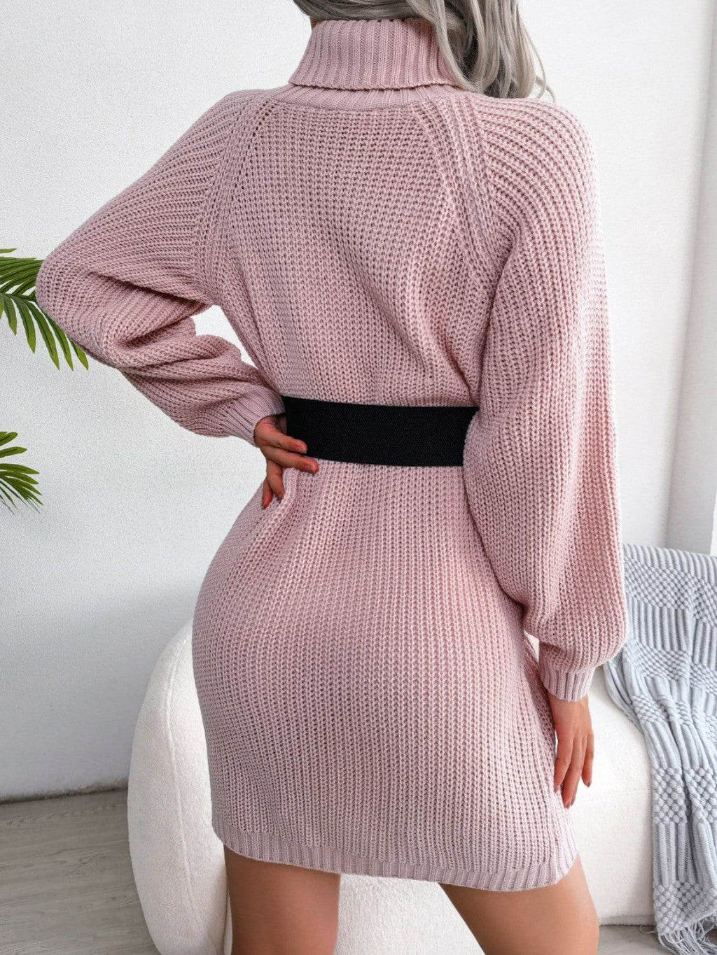Decorative Button Turtleneck Sweater Dress - Delanoir
