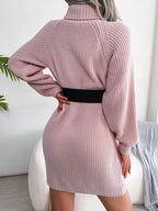 Decorative Button Turtleneck Sweater Dress - Delanoir
