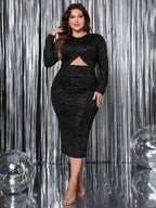 Honey Plus Size Cutout Slit Round Neck Long Sleeve Dress - Delanoir