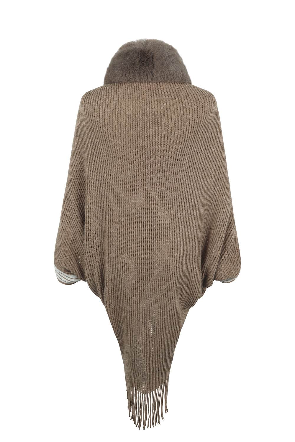 Striped Fringe Detail Long Sleeve Poncho - Delanoir