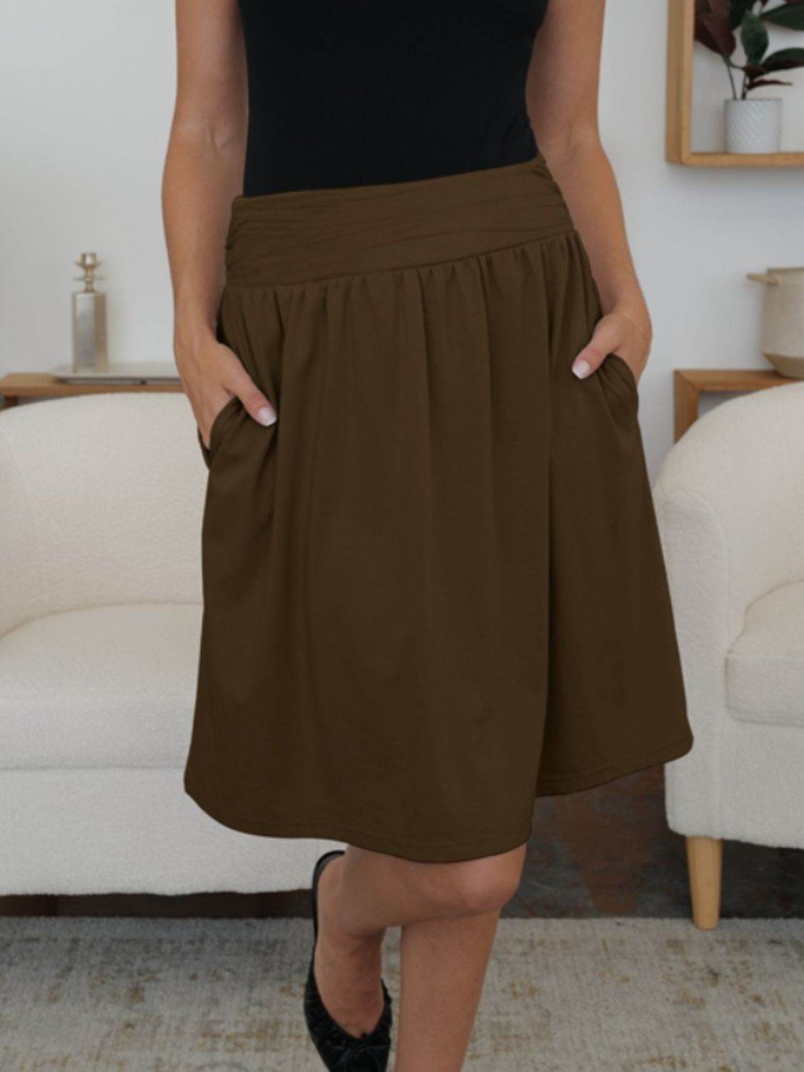 FAM-FAM Elastic Waist Skirt with Pockets - Delanoir