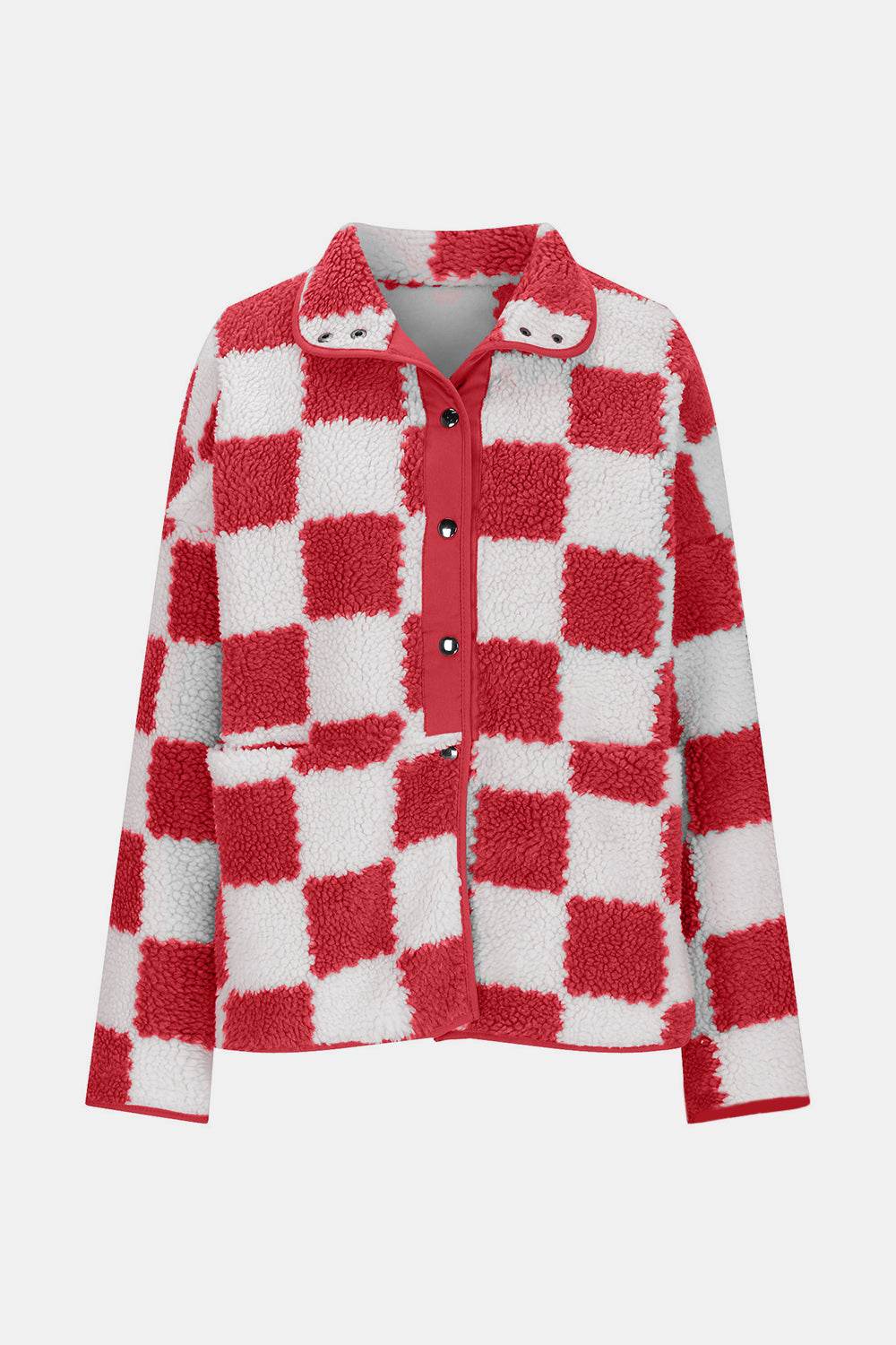 Checkered Snap Down Long Sleeve Teddy Jacket - Delanoir