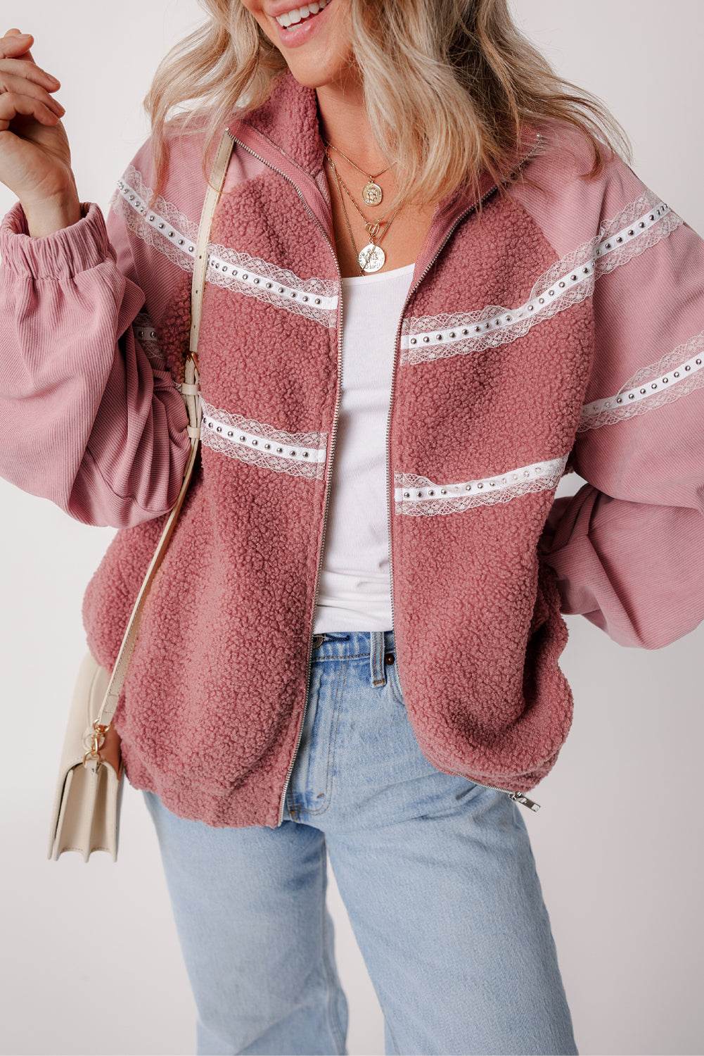 Lace Detail Zip Up Sherpa Patchwork Jacket - Delanoir