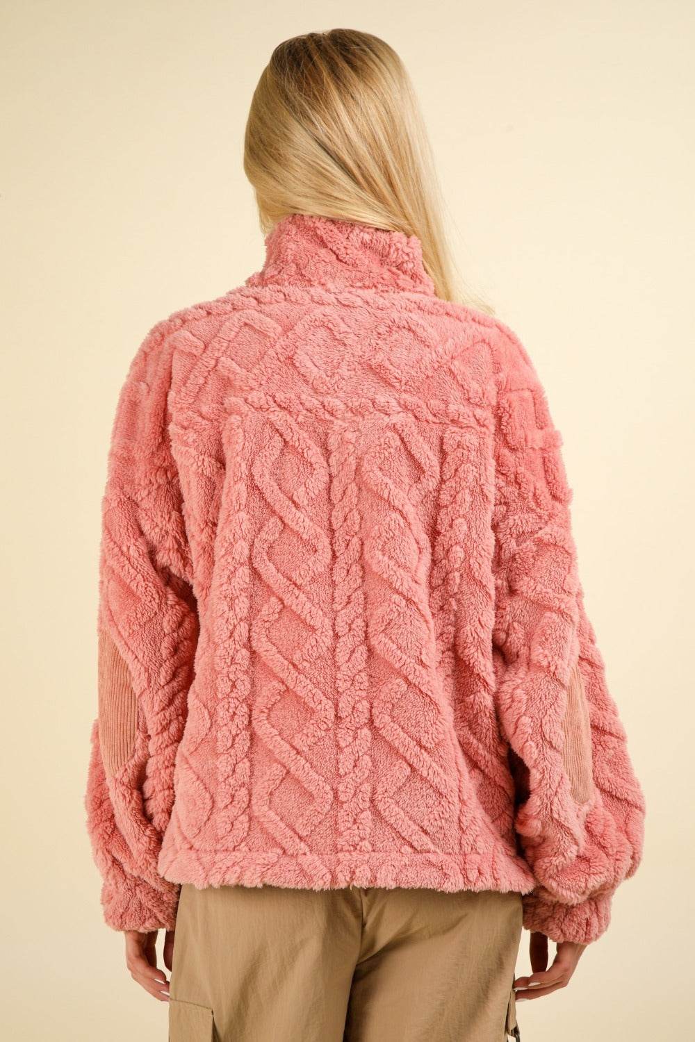 VERY J Fuzzy Fleece Half Zip Cable Pattern Sweatshirt - Delanoir