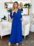 Double Take Full Size Surplice Wide Leg Jumpsuit with Pockets - Delanoir