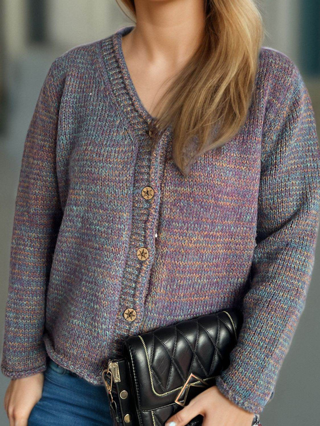 Heathered V-Neck Long Sleeve Cardigan - Delanoir