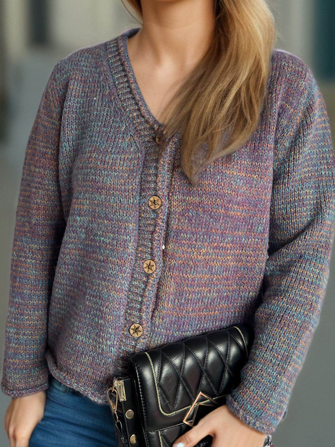 Heathered V-Neck Long Sleeve Cardigan - Delanoir