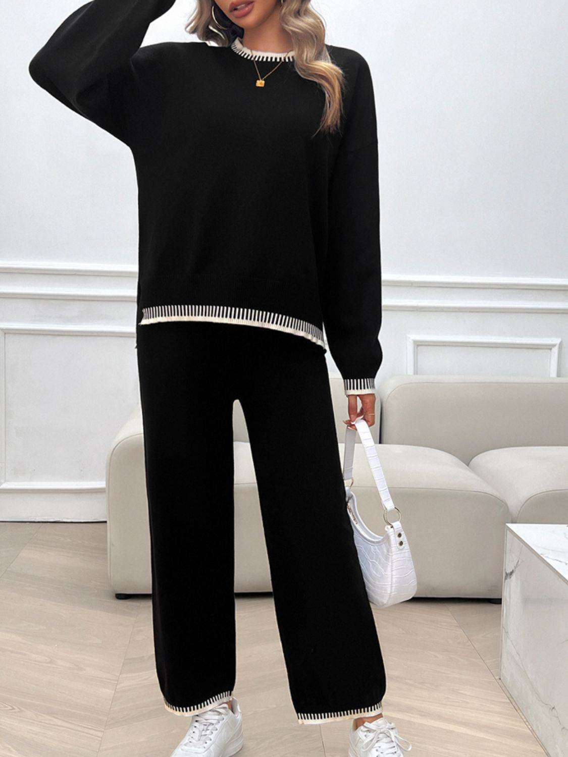 Devine Round Neck Dropped Shoulder Top and Pants Sweater Set - Delanoir