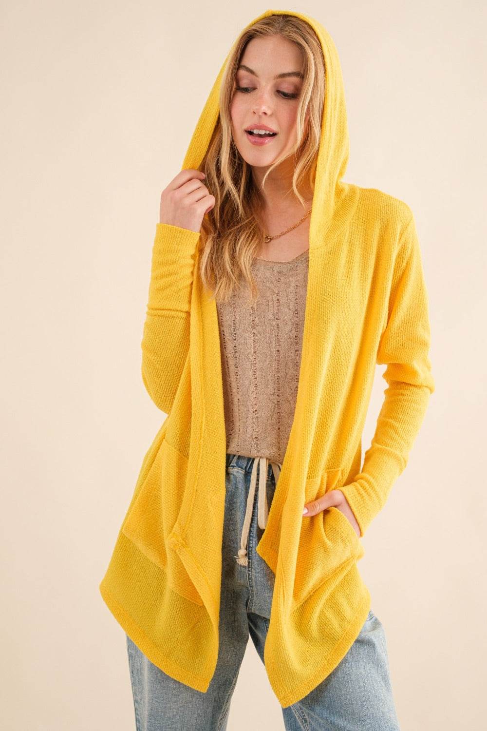 And The Why Full Size Thermal Hooded Open Front Cardigan with Pockets - Delanoir