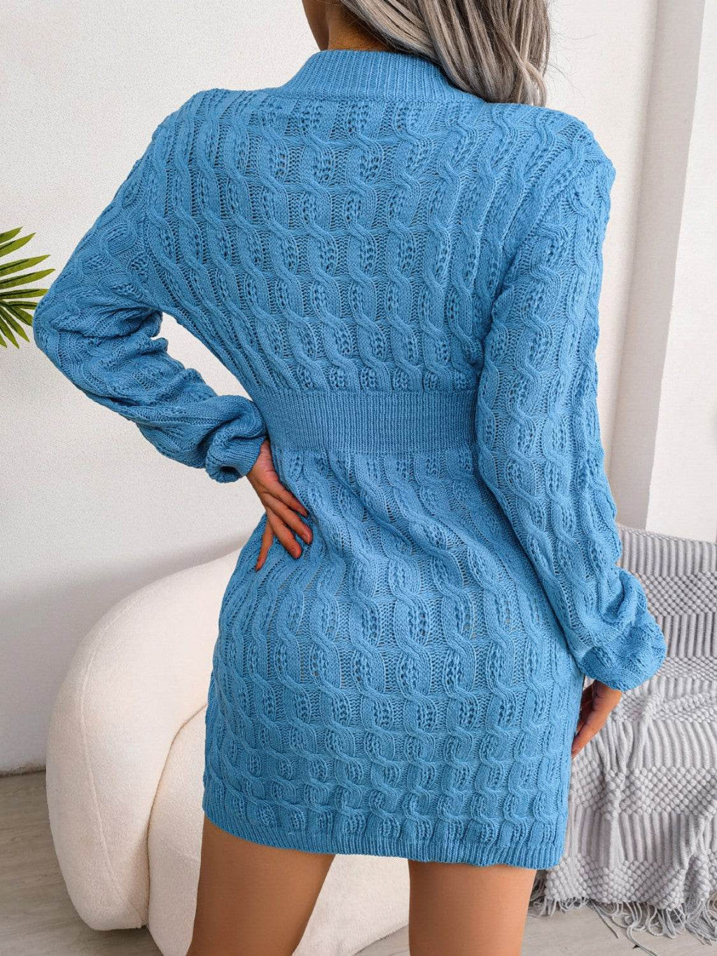 Cable-Knit Round Neck Mini Wrap Sweater Dress - Delanoir